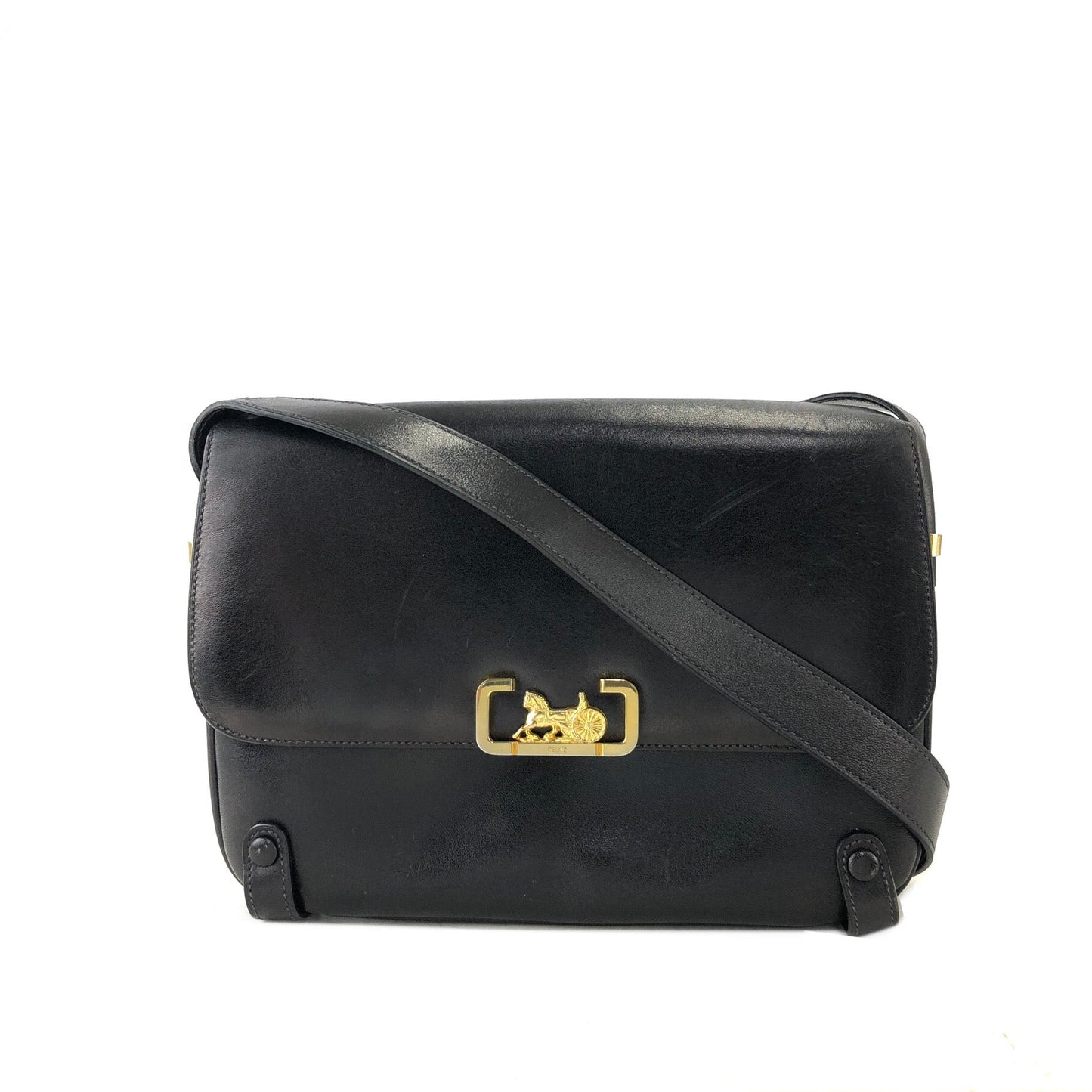 CELINE Horse carriage Leather Shoulder bag Black Vintage Old Celine aj7es6