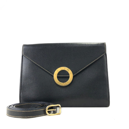 CELINE 圓形標誌壓花皮革兩用手拿包 單肩包 黑色 復古舊款 Celine gbnmjz