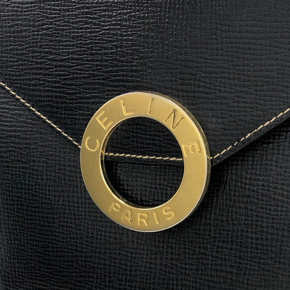 CELINE 圓形標誌壓花皮革兩用手拿包 單肩包 黑色 復古舊款 Celine gbnmjz