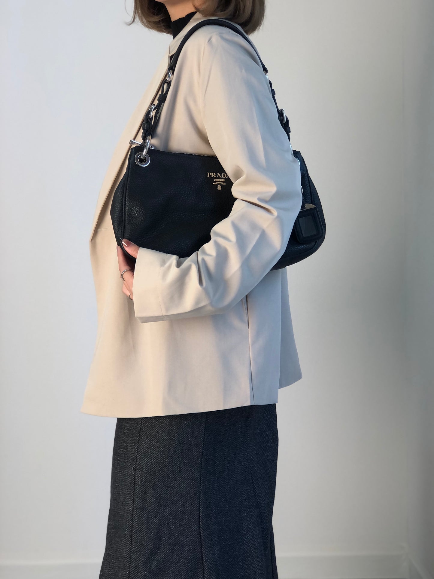 PRADA Logo Shoulder bag Black Vintage j4hmuw