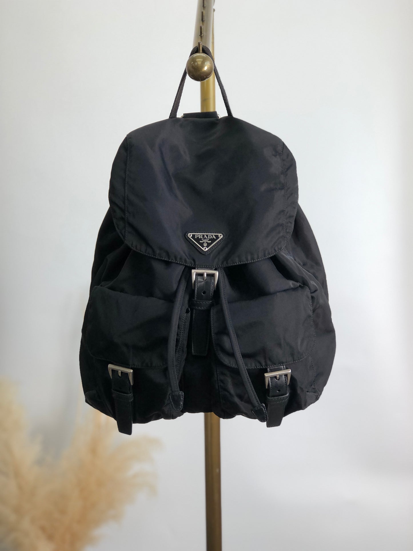 PRADA Triangle Logo Double Pocket Backpack Black Vintage 2rhri2