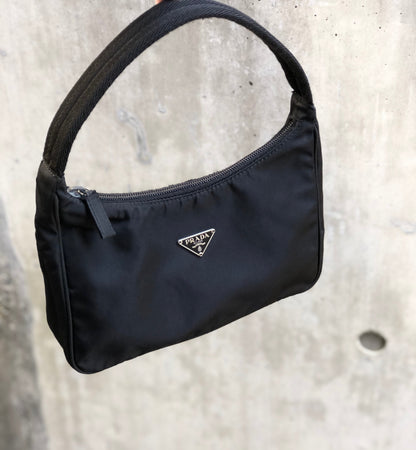PRADA Triangle logo Nylon Handbag Hobo bag Black Vintage ajhrhr
