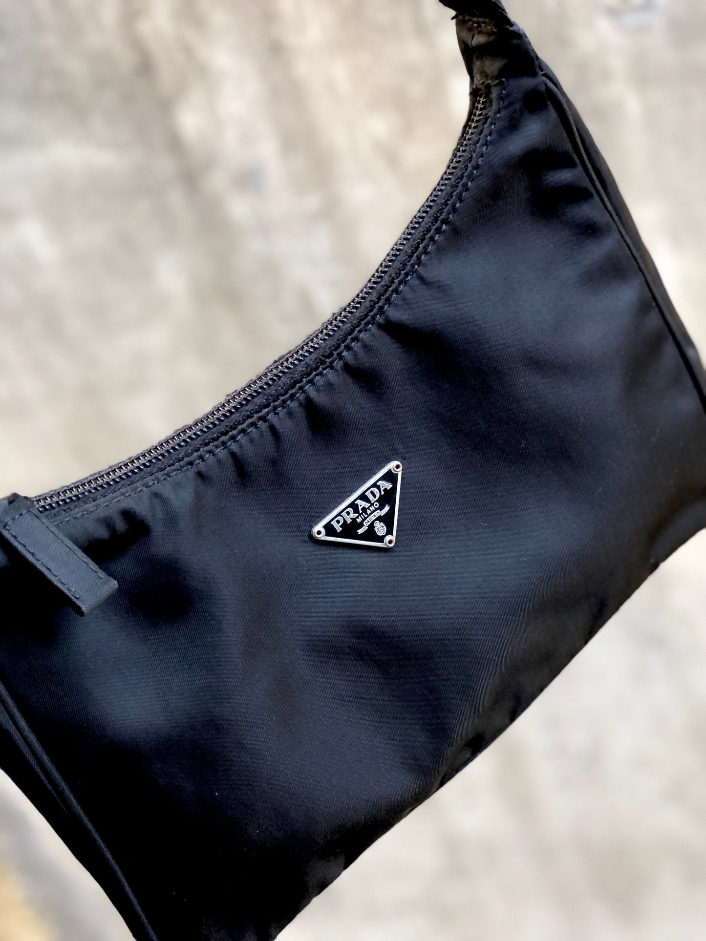 PRADA Triangle logo Nylon Handbag Hobo bag Black Vintage ajhrhr