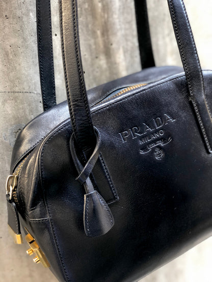 PRADA Logo Leather Shoulder bag Black Vintage jrkr4w