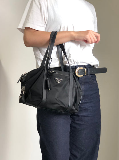 PRADA Tessuto Triangle Logo Small Boston bag Handbag Black Vintage pde7em