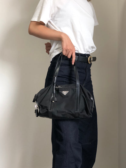 PRADA Tessuto Triangle Logo Small Boston bag Handbag Black Vintage pde7em