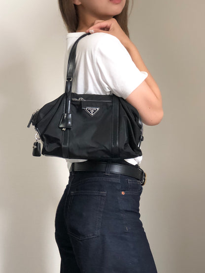 PRADA Tessuto Triangle Logo Small Boston bag Handbag Black Vintage pde7em
