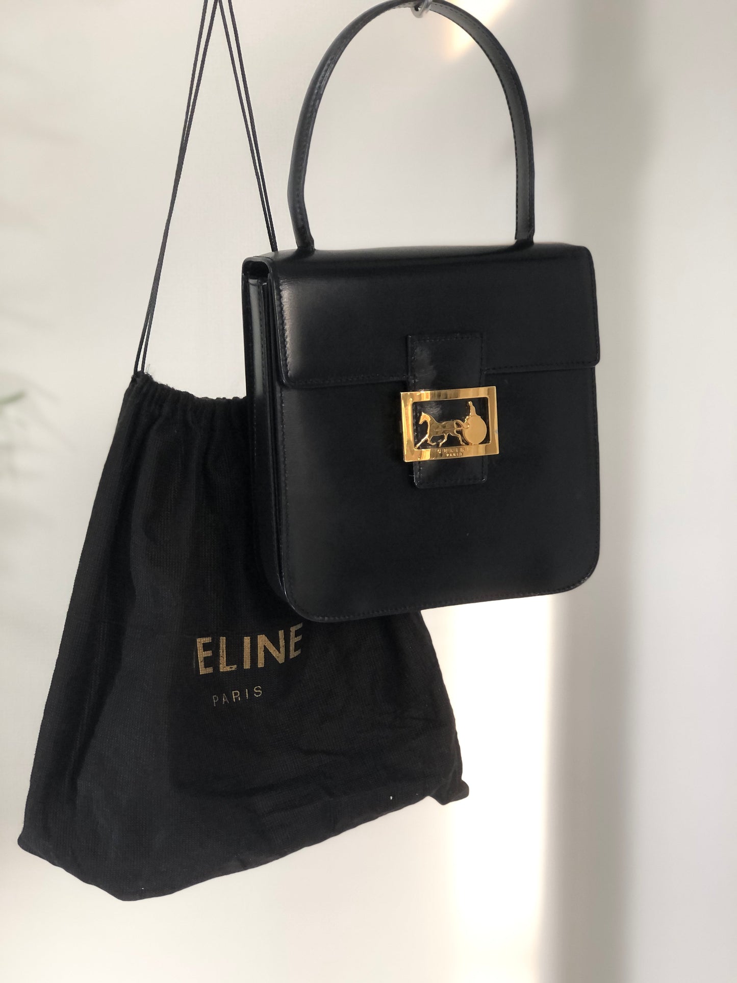 CELINE Horse carriage Two-way Top Handle Handbag Crossbody Shoulder bag Black Vintage Old celine y8hzsk