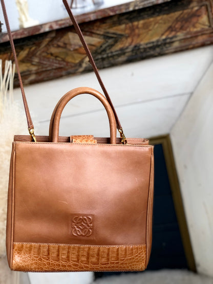 LOEWE Anagram Crocodile embossed Two-way Totebag Shoulder bag Brown Vintage Old she7e7