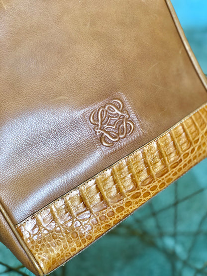 LOEWE Anagram Crocodile embossed Two-way Totebag Shoulder bag Brown Vintage Old she7e7