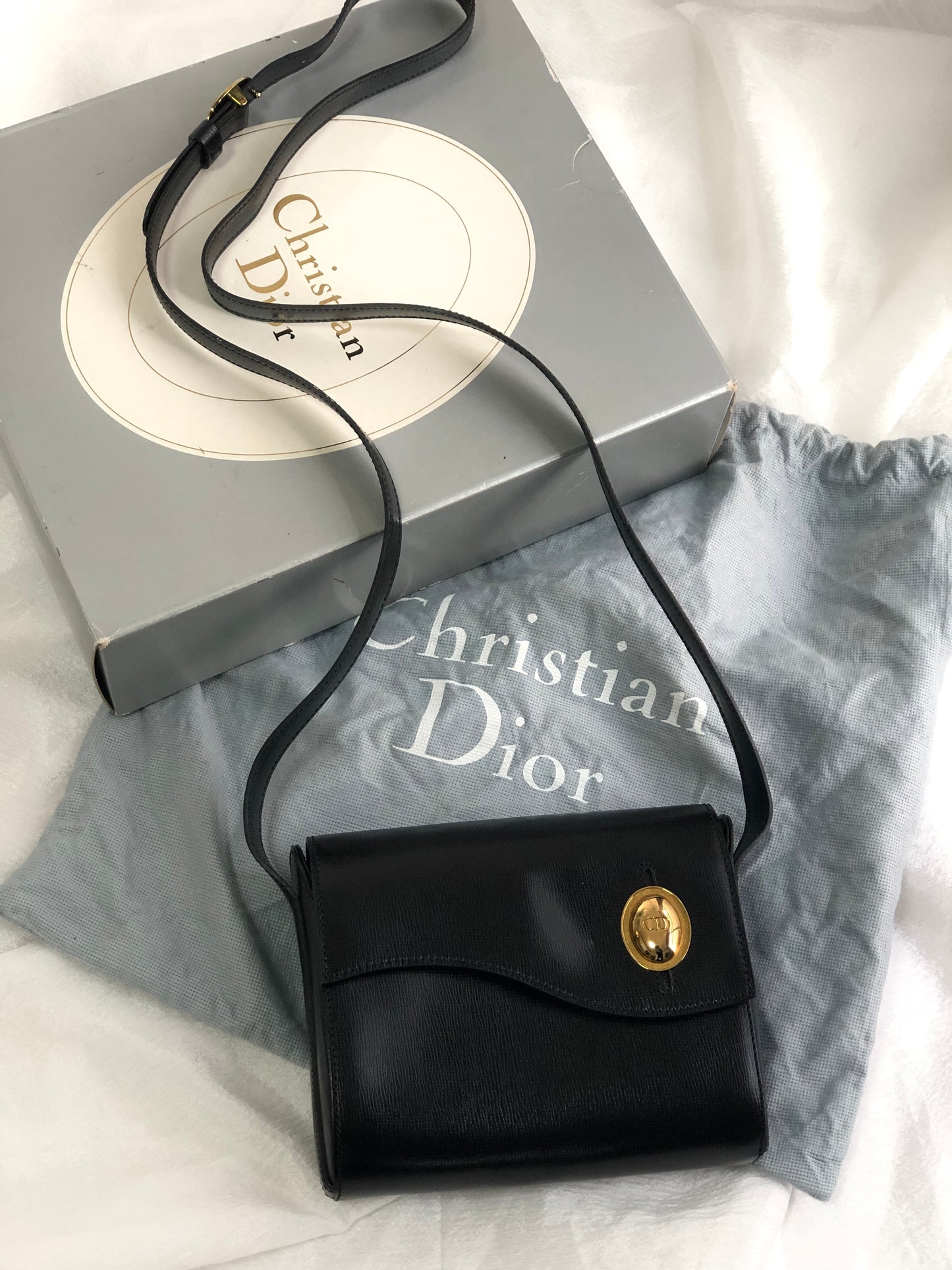 Christian Dior CD Logo Wave Crossbody Shoulder bag Black Vintage Old m5w356