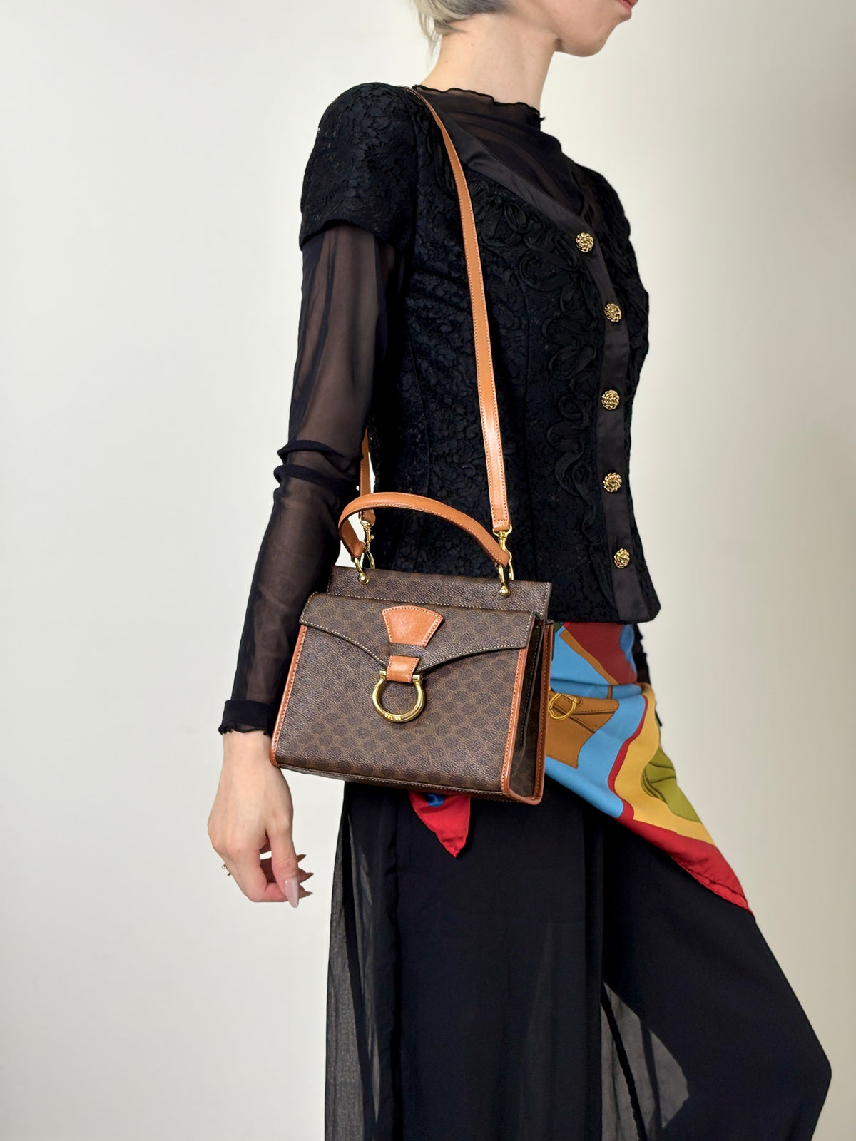 CELINE Macadam Gancini Two-way Handbag Shoulder bag Brown Vintage kgm5ej