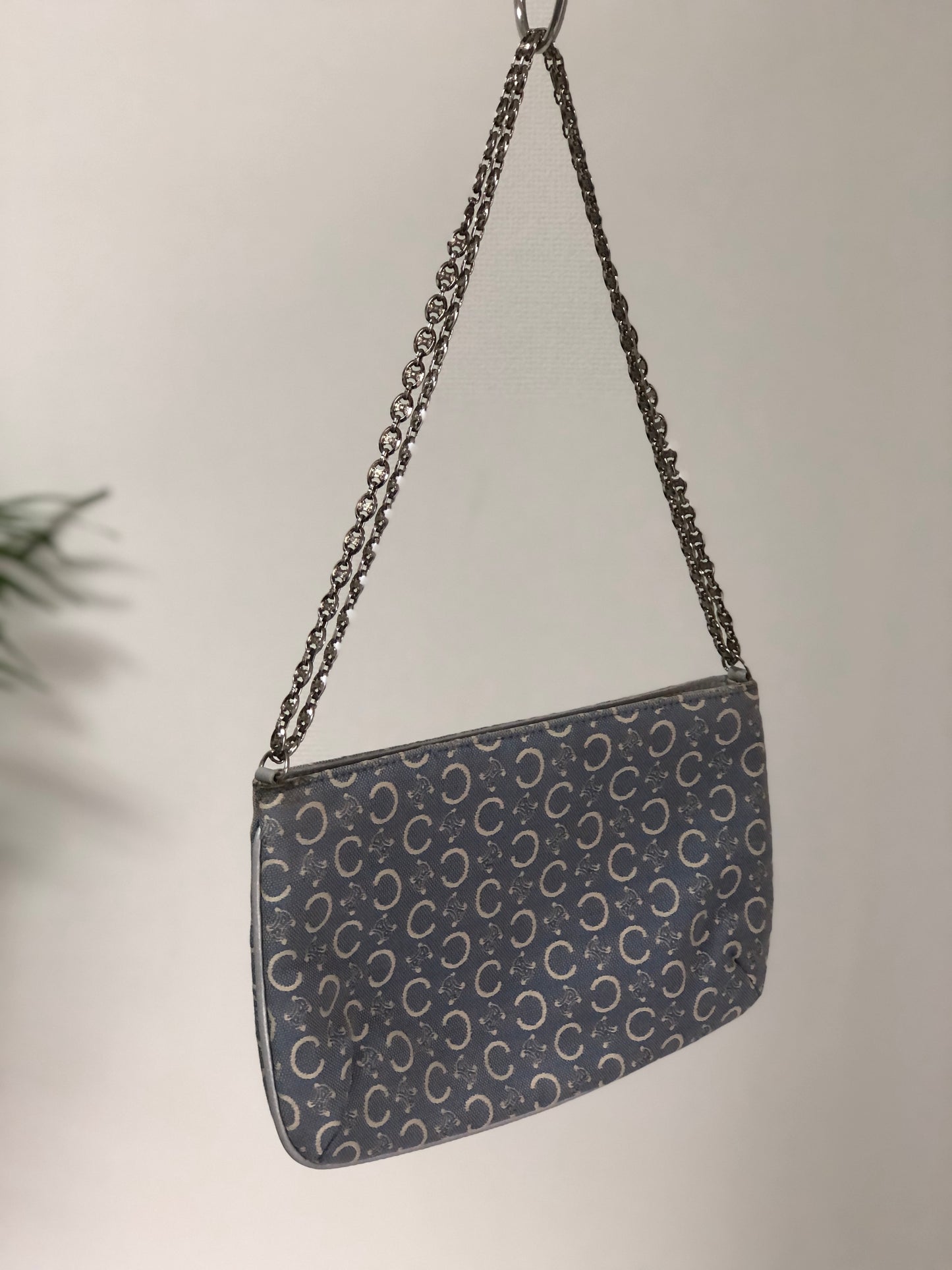 CELINE Macadam Triomphe fabric leather Chain pochette Shoulderbag sky blue Vintage Old celine nit6xf