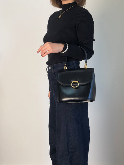 CELINE Gancini Double Flap Handbag Black Vintage j7dwju