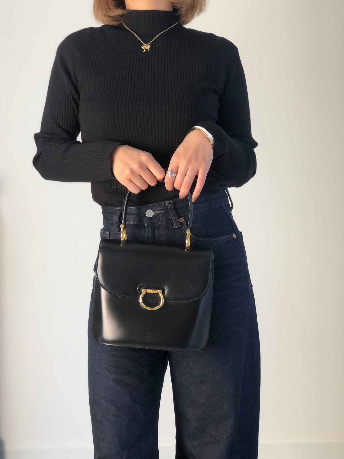 CELINE Gancini Double Flap Handbag Black Vintage j7dwju