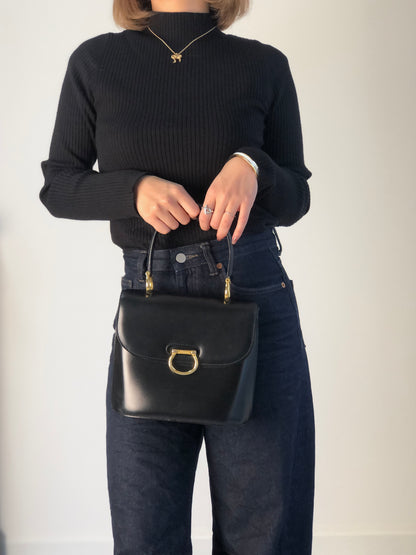 CELINE Gancini Double Flap Handbag Black Vintage j7dwju