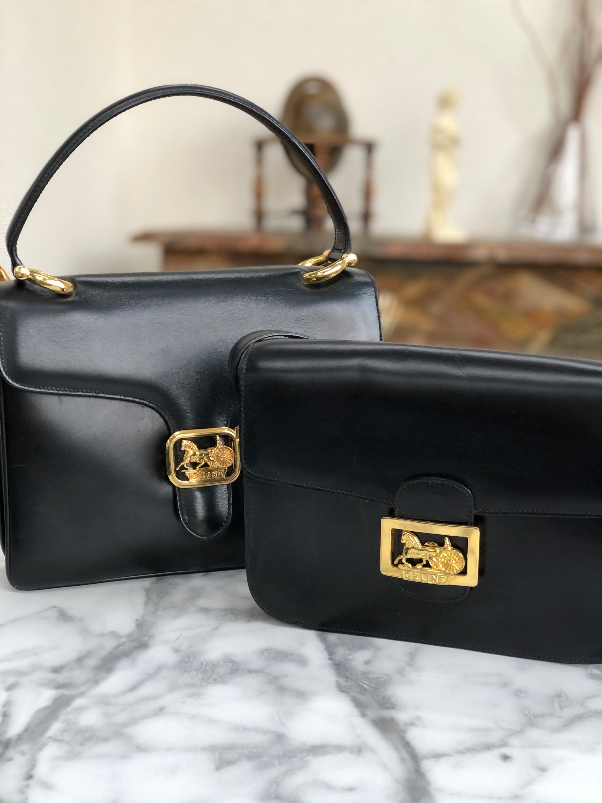 Authentic Celine Vintage Black Box Bag Carriage Medium
