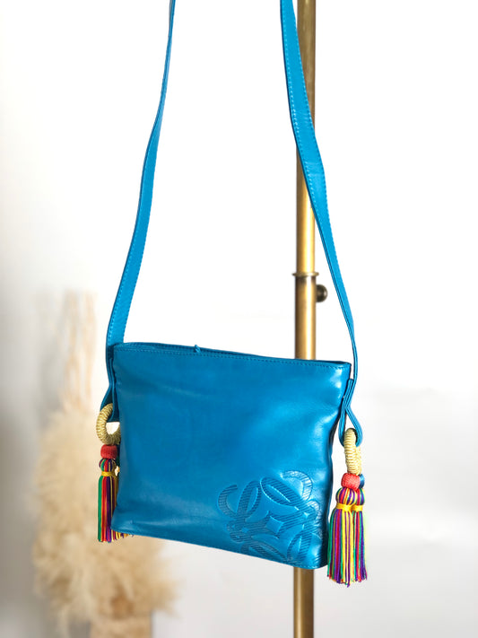 LOEWE Anagram Logo Tassel Nappa Leather Shoulder bag Blue Vintage Old nzi2xk