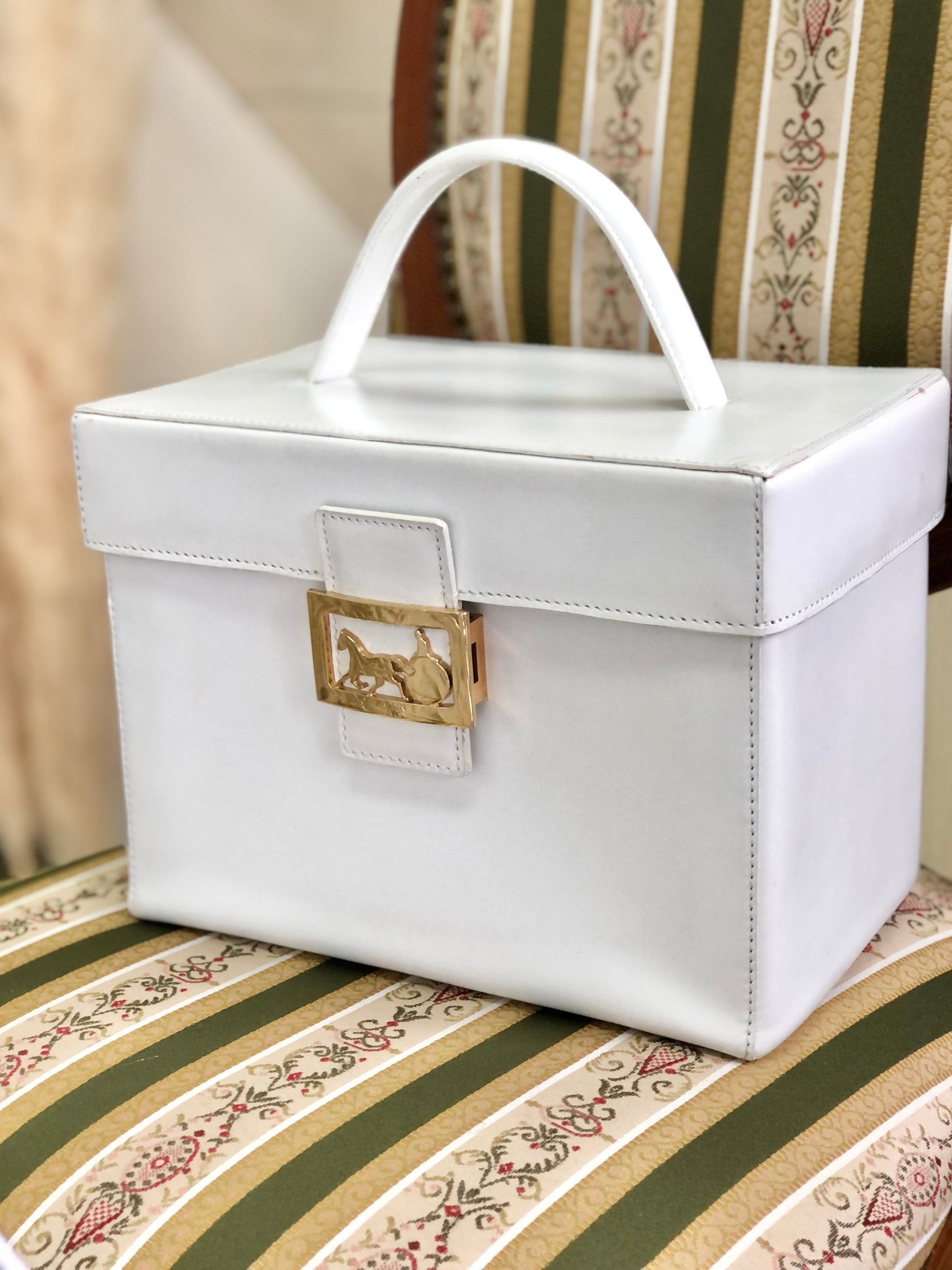 CELINE horse carriage square handbag vanity bag white vintage