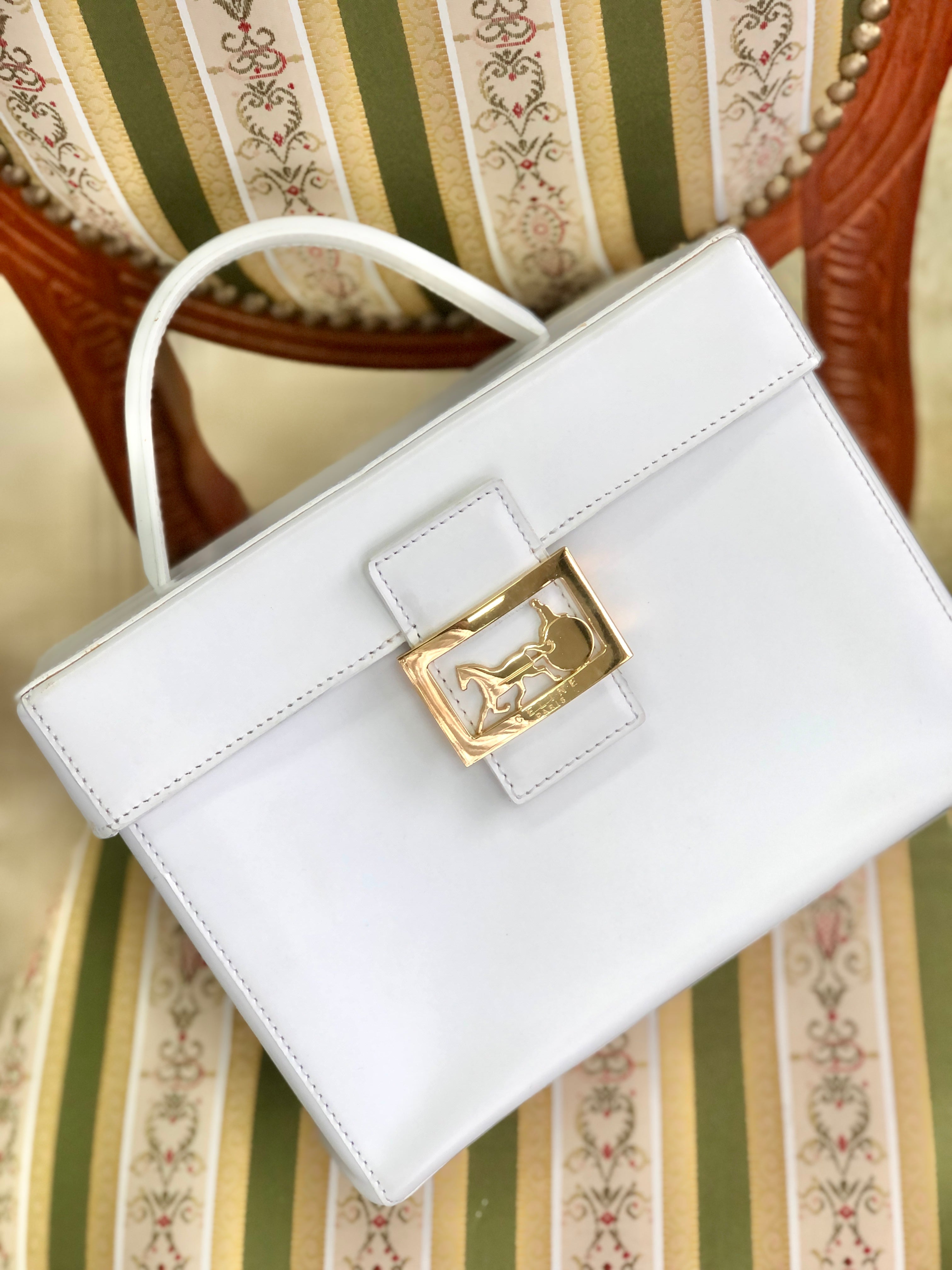 CELINE horse carriage square handbag vanity bag white vintage c7jy6k