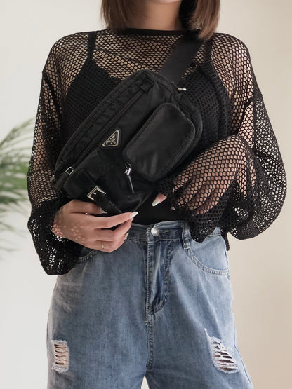 PRADA Triangle Logo Nylon Sling bag One Shoulder bag Black Vintage 6kv5z8