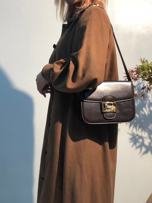 CELINE Horse Carriage Leather  Shoulder Bag Brown Vintage Old Celine yatwhr