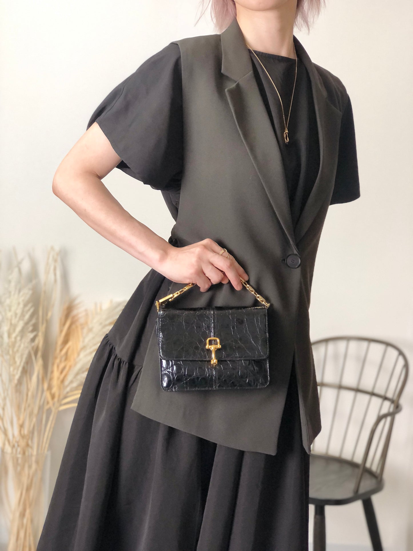 CELINE Horse Bit Chain Shoulder bag Black Vintage pu7w2k