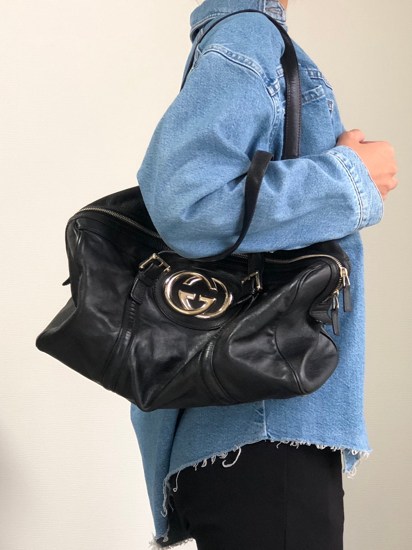 GUCCI GG Motif Small Boston bag Handbag Black Vintage f7jncz