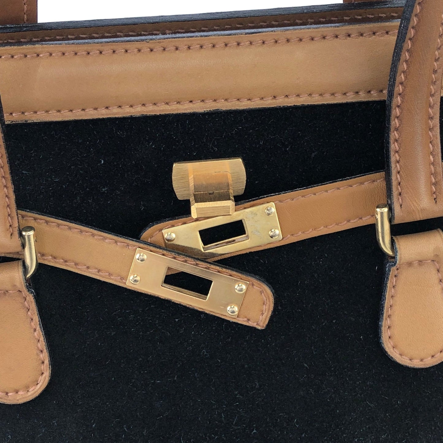 GUCCI Turn Lock Suede Birkin Type Handbag Black Vintage Old cytniv