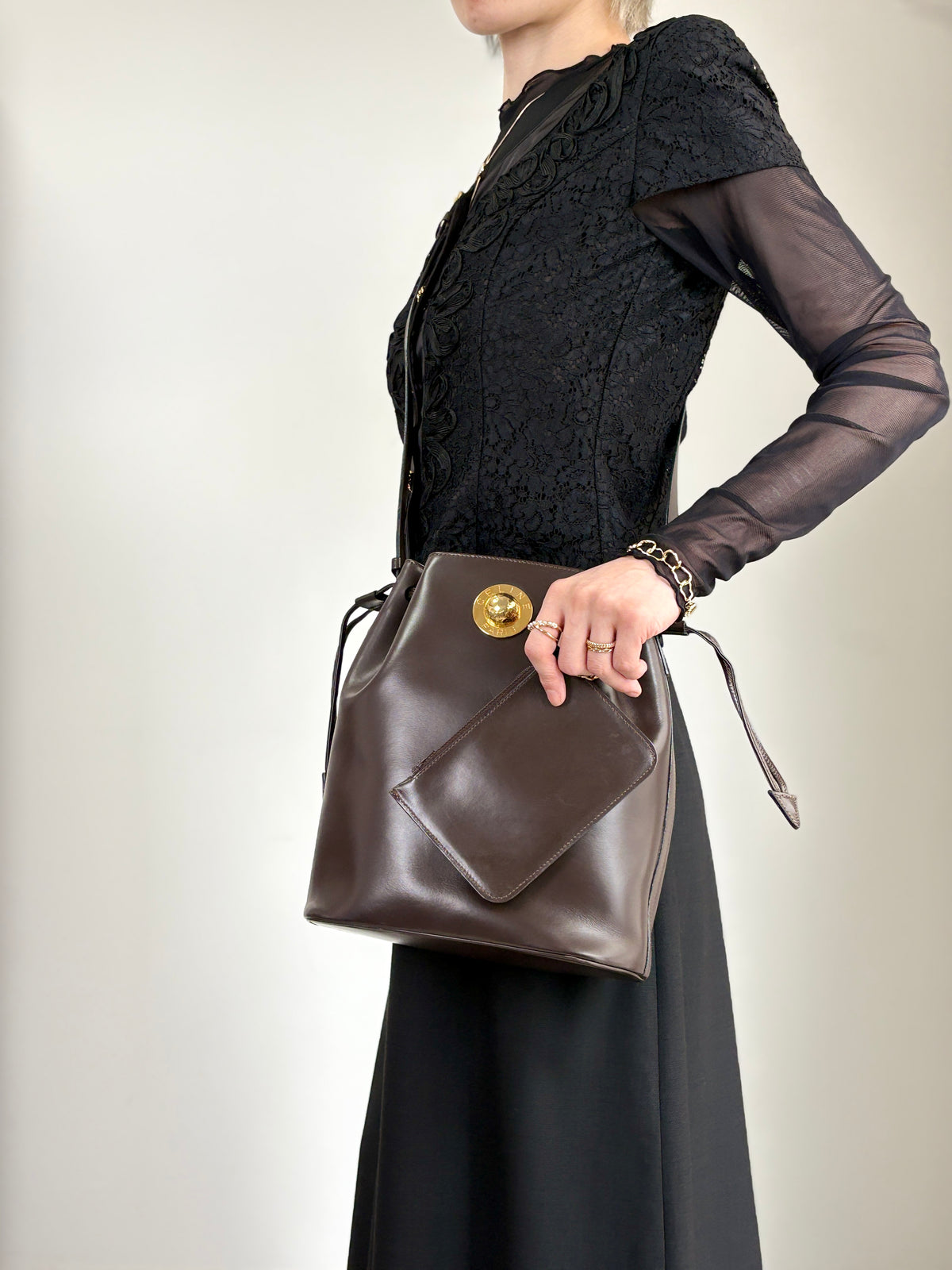 CELINE Starball Drawstring Shoulder bag Brown Vintage 4nhtxx