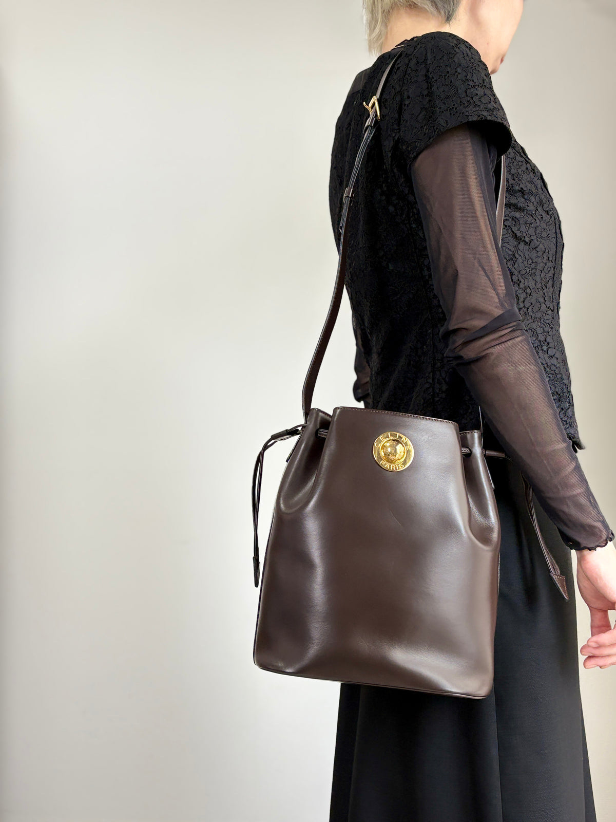 CELINE Starball Drawstring Shoulder bag Brown Vintage 4nhtxx