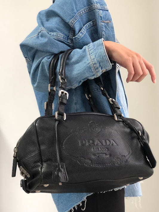 PRADA Logo Embossed Small Boston bag Handbag Black Vintage maefbu