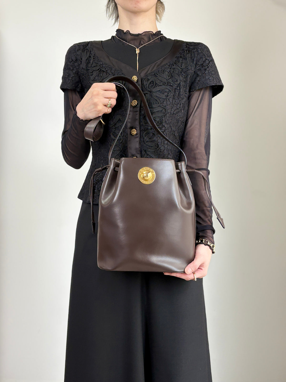 CELINE Starball Drawstring Shoulder bag Brown Vintage 4nhtxx