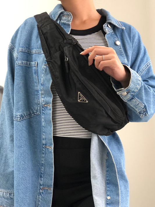 PRADA Tessuto Triangle Logo Sling bag Black Vintage fa4d62