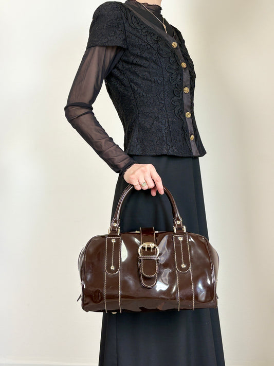 GUCCI Ribbon Motif Belt Handbag Boston bag Brown Vintage dan4kc