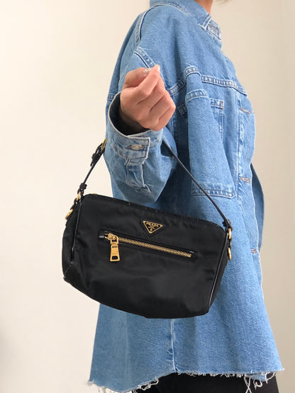PRADA Tessuto Triangle Logo Small Handbag Black Vintage 6tgg77