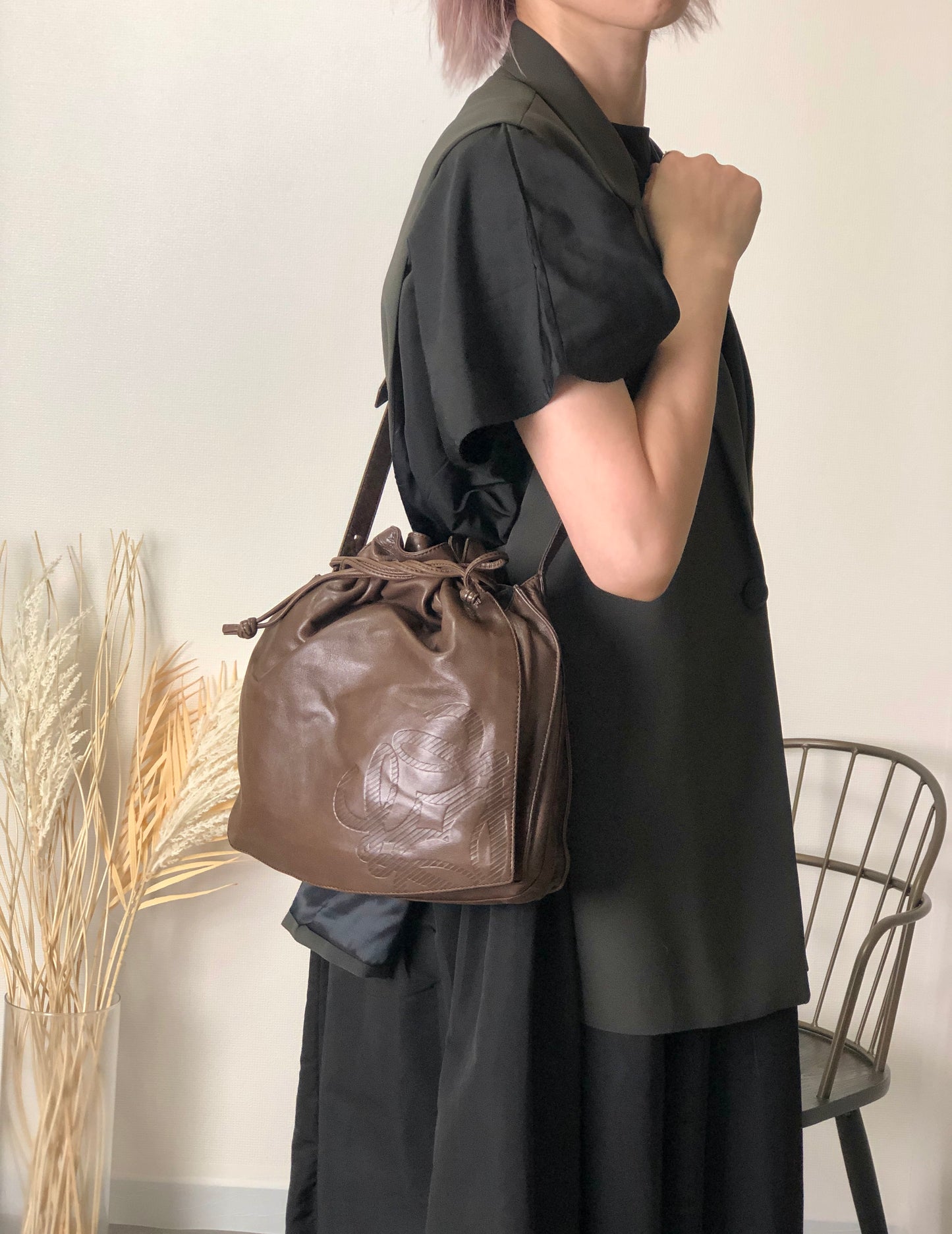 LOEWE Anagram Drawstring Shoulder bag Brown Vintage kki5m4