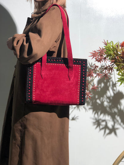 Yves Saint Laurent Cut out Studs Suede Totebag Shoulder bag Red YSL Vintage Old 6bjv2e