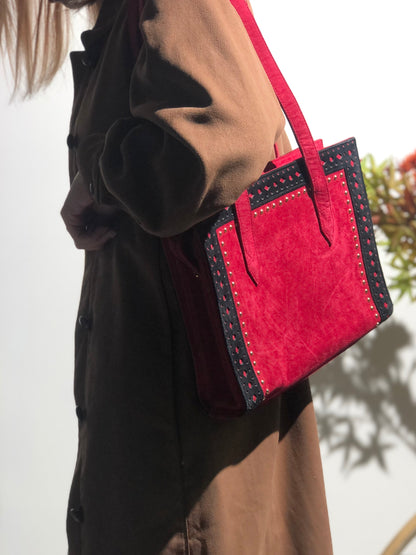 Yves Saint Laurent Cut out Studs Suede Totebag Shoulder bag Red YSL Vintage Old 6bjv2e
