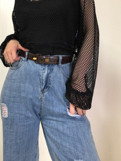 LOEWE Anagram Crocodile Embossed Leather Belt Brown Vintage Old idabm7