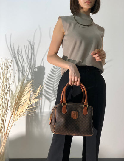 CELINE Macadam Blason Embossed mini Boston bag Handbag Brown Vintage Old Celine 5c7buh