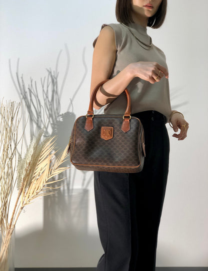CELINE Macadam Blason Embossed mini Boston bag Handbag Brown Vintage Old Celine 5c7buh