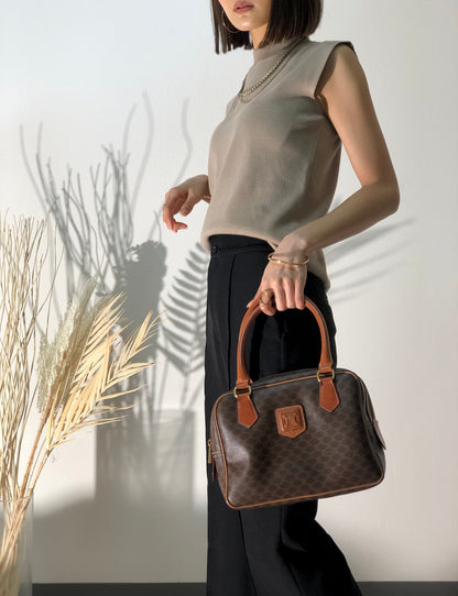 CELINE Macadam Blason Embossed mini Boston bag Handbag Brown Vintage Old Celine 5c7buh