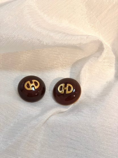 CELINE Horsebit Earrings Brown Gold Vintage Old Accessories x27mdf