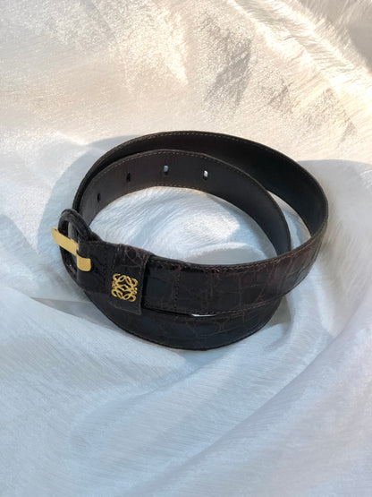 LOEWE Anagram Crocodile Embossed Leather Belt Brown Vintage Old idabm7