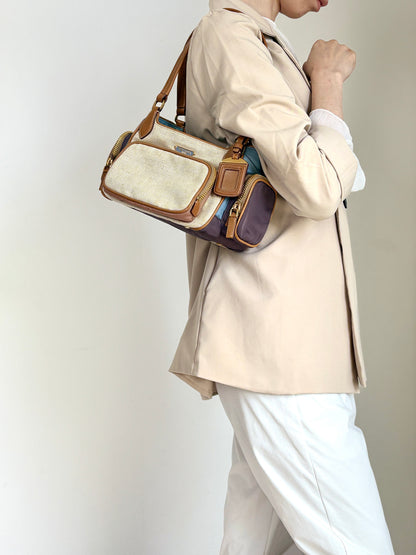 PRADA Triangle Logo Multi Pocket Handbag Totebag Beige×Blue Vintage fkki3a