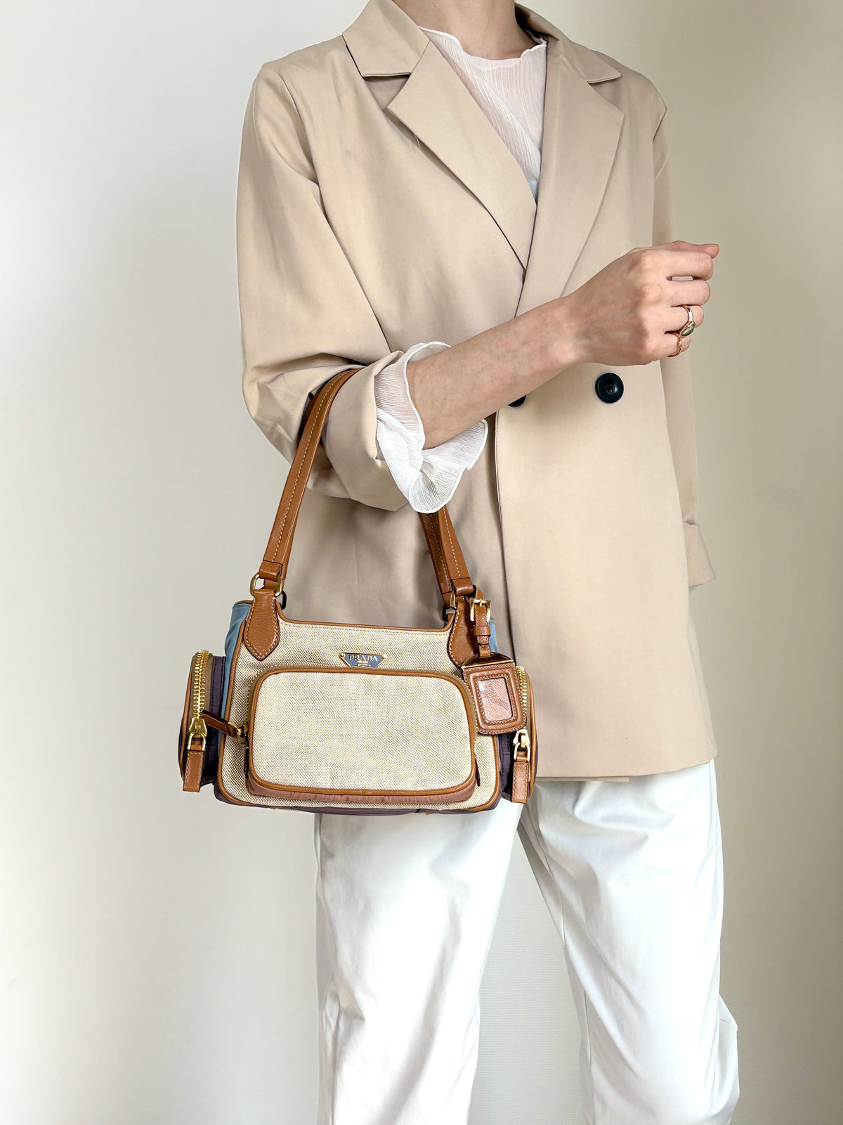 PRADA Triangle Logo Multi Pocket Handbag Totebag Beige×Blue Vintage fkki3a