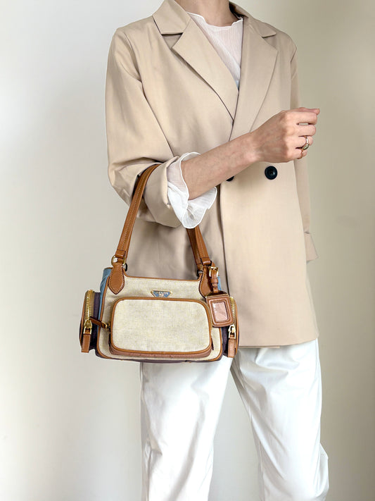 PRADA Triangle Logo Multi Pocket Handbag Totebag Beige×Blue Vintage fkki3a