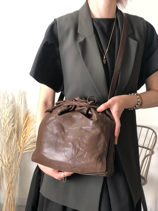LOEWE Anagram Drawstring Shoulder bag Brown Vintage kki5m4