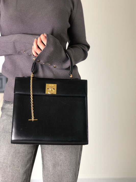 CELINE Gancini Top Handle Handbag Black Vintage whcwed